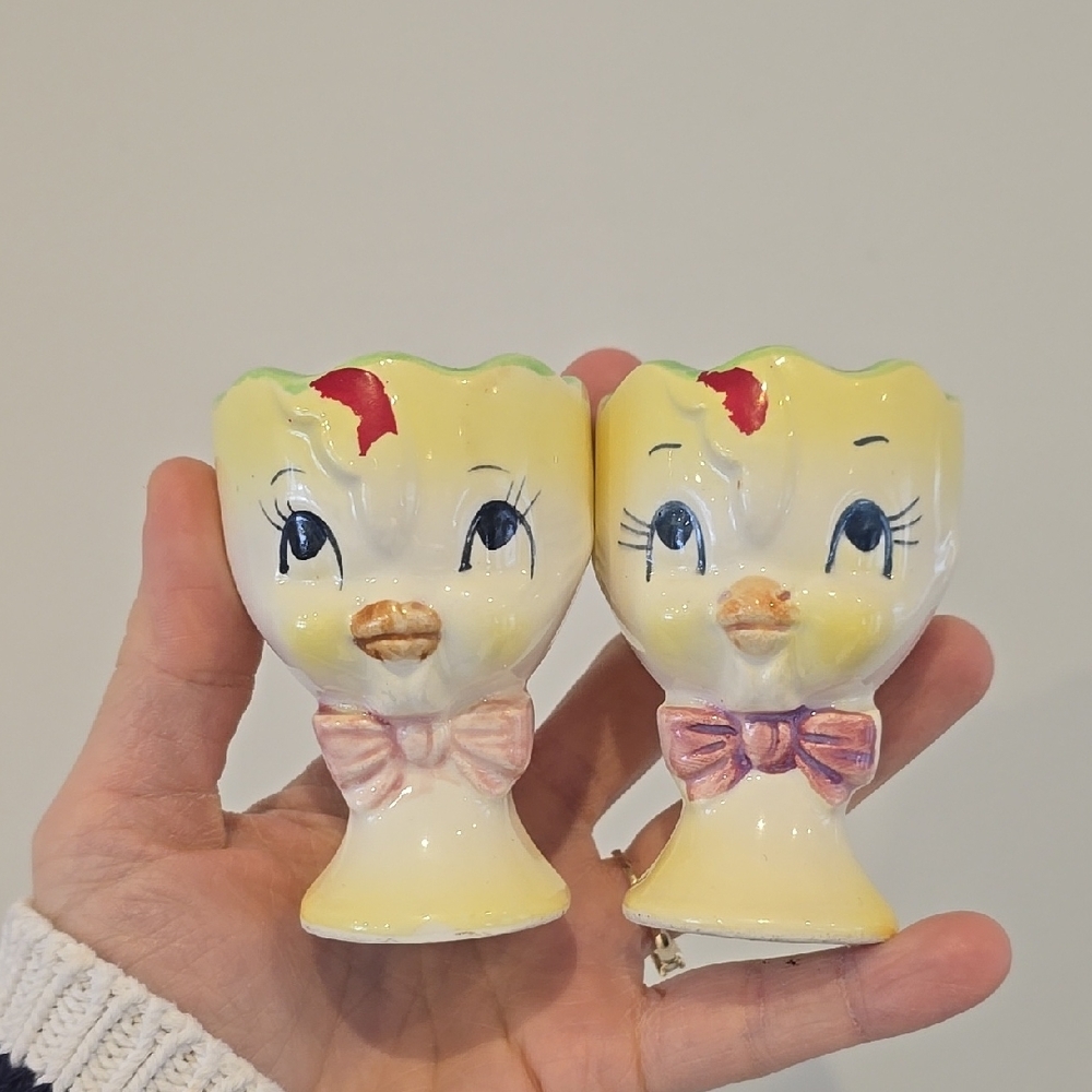 Vintage Easter Egg cups Anthropomorphic Chicks Kitschy Kawaii Japan Set of 2